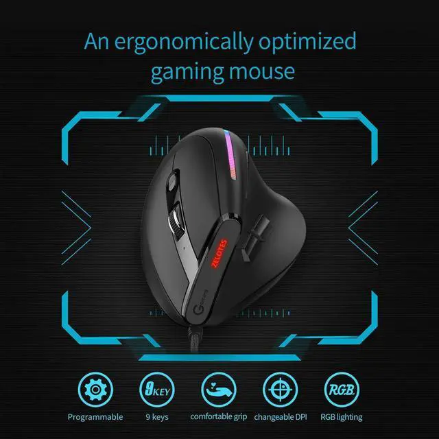 Alt view image 3 of 4 - ZELOTES T-50 Vertical Gaming Mouse Ergonomic 9 Buttons USB Wired Vertical Optical Mouse 12800 DPI Adjustable for PC Computer