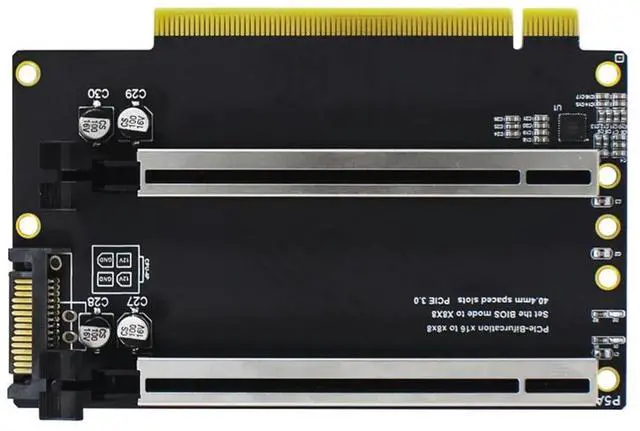 Alt view image 2 of 4 - PCIe 3.0 X16 to X8X8 Expansion Card PCIe-Bifurcation Gen3 X16 to X8x8 40.4mm Spaced Slots with Heightened SATA Interface