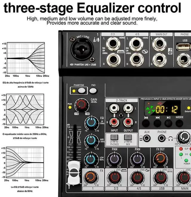 Alt view image 4 of 4 - Portable Bluetooth Audio Mixer Console 5 Channels Soundcard USB Play Record Computer Playback Mini Audio Mixer Broadcast