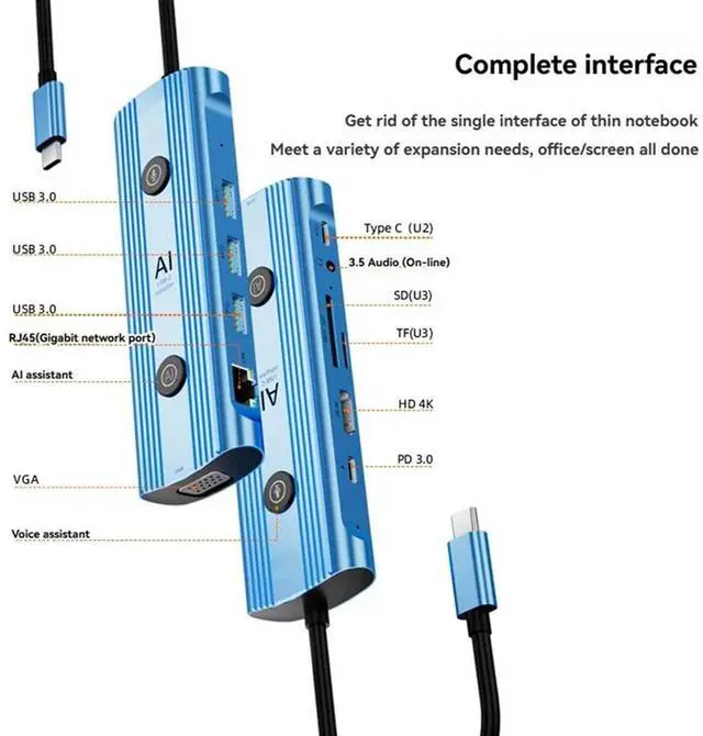 Alt view image 3 of 4 - Ai USB-C Adapter Type-C Docking Station,13-In-1 Hub AI Voice Docking Station VGA USB RJ45 SD/TF 3.5Mm PD3.0