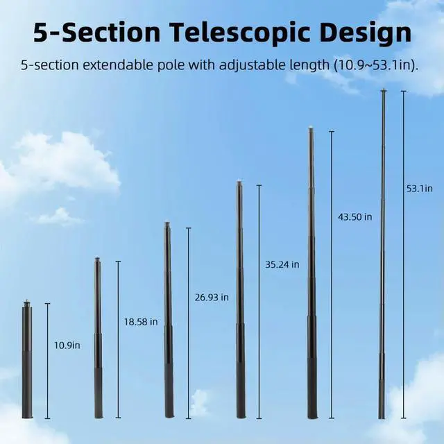 Alt view image 3 of 7 - Carbon Fiber Selfie Stick 1/4 Inch Screw Adjustable Extension Pole Long Pole Selfie Stick for Insta 360 X5 Action4/POCKET3