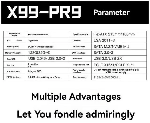 Alt view image 4 of 7 - X99 PR9 Motherboard LGA 2011-3 Supports 4X DDR4 RAM Gigabit LAN SATA/NVME M.2 Supports E5 26XX V3 CPU