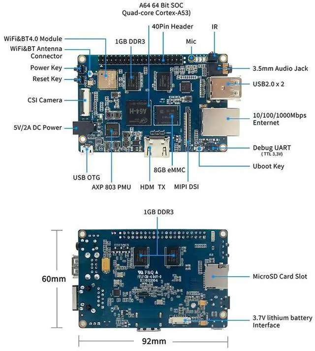 Alt view image 4 of 7 - For Banana Pi BPI-M64 Development Board&Heat Sink A64 2GB DDR3 8G EMMC 1000Mbps &BT Support for Linux Raspberry Pi