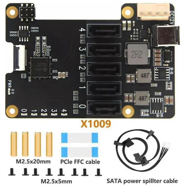 Main image of X1009 PCIe to 5-Port SATA Shield HDD Expansion Board SATA3.0 Expansion Board for Raspberry Pi 5
