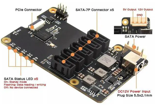 Alt view image 4 of 4 - X1009 PCIe to 5-Port SATA Shield HDD Expansion Board SATA3.0 Expansion Board for Raspberry Pi 5