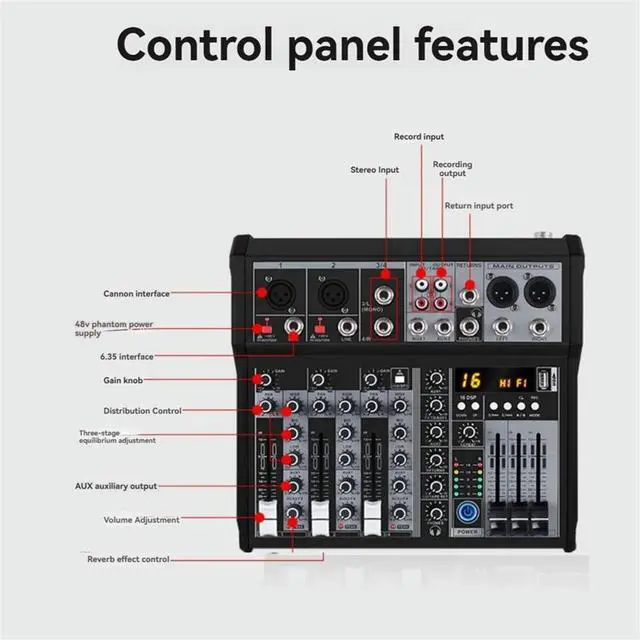 Main image of 4 Channel Bluetooth Audio Mixer Sound Mixing Console Audio Interface USB Sound Card for Studio Stage DJ Home US Plug