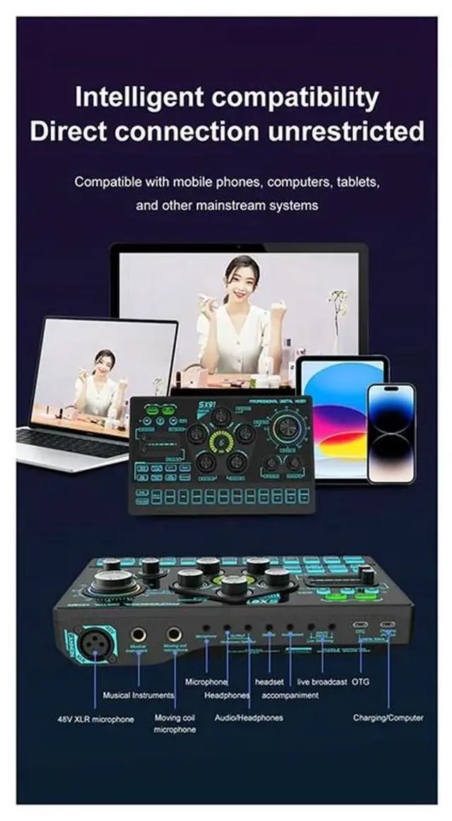 Alt view image 4 of 4 - SX91 Live Sound Card USB Sound Mixer Professional Audio Mixing Console Amplifier For Live Sing PC Laptop Cellphone