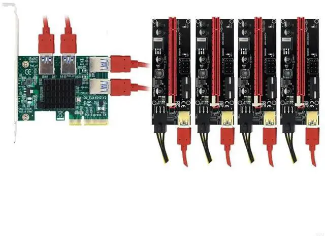 Main image of PCIe 1x to 16x Riser Card PCI-E 1 to 4 USB Hub + 4pcs 009S Riser Set for Eth