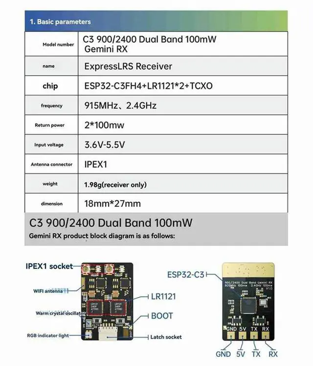 Alt view image 3 of 4 - ELRS Receiver 915M/2.4G Dual-Band 100Mw Gemini Receiver RX Module ESP32-C3 Chip Forrc FPV Traversing Drones Parts
