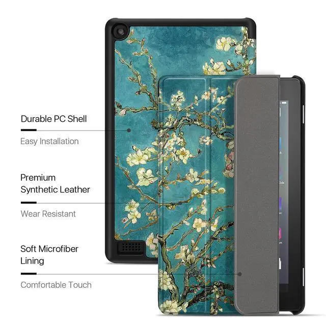 Alt view image 5 of 5 - TNP Case Cover for  Kindle Fire 7 Tablet 9th & 7th Generation 2019 2017 Release - Smart Slim PU Leather Protective Sleeve w/Auto Sleep Wake (Almond Blossom)