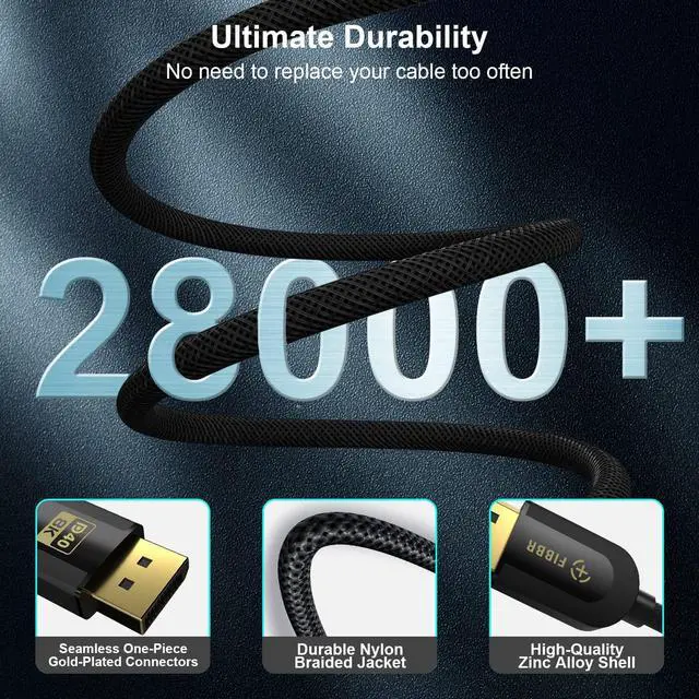 Alt view image 5 of 5 - FIBBR 16K DisplayPort Cable 2.1, VESA Certified DP Cable 6.6ft, 40Gbps Display Port Cord Support 16K@30Hz, 10K@30Hz, 8K@60Hz, 4K@165Hz, HDR, HDCP2.2, DSC 1.2a for FreeSync G-Sync Gaming Monitor TV PC