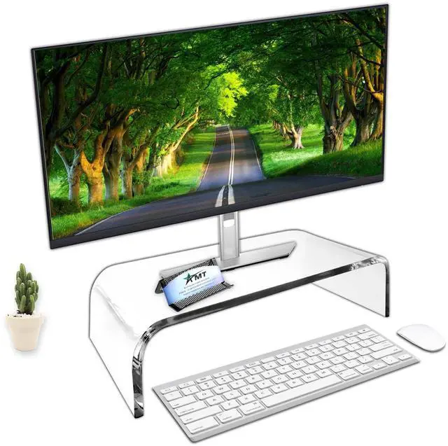 Main image of AMT 16 Inch Acrylic Laptop Monitor Stand, Computer Riser with Cat Keyboard Protector, Space-Saving Design, Extra Storage, Clear Shelf - Ideal for Monitors, Laptops, Printers, Desktop Decor