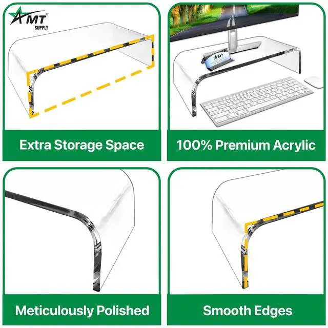 Alt view image 4 of 5 - AMT 16 Inch Acrylic Laptop Monitor Stand, Computer Riser with Cat Keyboard Protector, Space-Saving Design, Extra Storage, Clear Shelf - Ideal for Monitors, Laptops, Printers, Desktop Decor