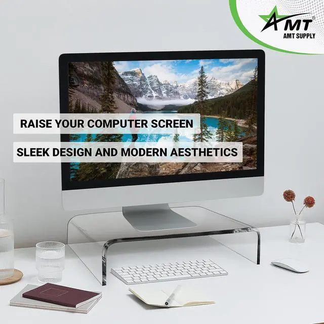 Alt view image 5 of 5 - AMT 16 Inch Acrylic Laptop Monitor Stand, Computer Riser with Cat Keyboard Protector, Space-Saving Design, Extra Storage, Clear Shelf - Ideal for Monitors, Laptops, Printers, Desktop Decor