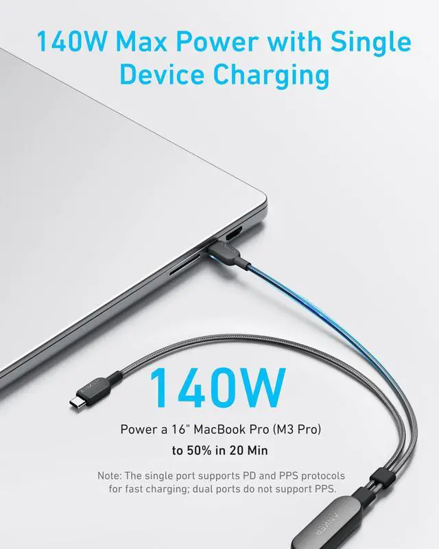 Alt view image 3 of 5 - Anker Cable,6FT 2-in-1 USB C to USB C Cable 140W Max,Fast Charging for iPhone 16/16 Pro Max/15 Series,MacBook Air/Pro,and More(Braided,Black)