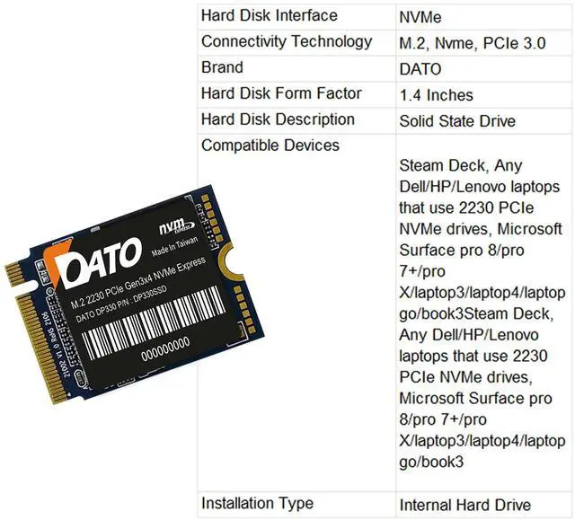 Alt view image 6 of 6 - DATO 1TB SSD M.2 2230, NVMe 1.3 PCIe Gen3x4, Internal Solid State Drive, Up to 2500/1700 MB/s, DP330 Series