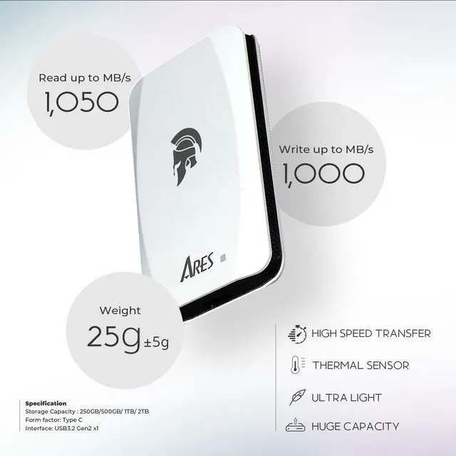 Alt view image 3 of 7 - DATO External SSD 1TB, Portable SSD External Solid State Drive, USB 3.2 Gen 2x1 Type C Up to 1050/1000 MB/s, Super Light and Compact Portable Solid State Drive - ARES Torch