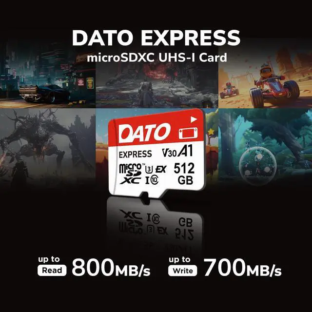 Alt view image 2 of 6 - DATO Express 256GB microSDXCEX Memory Card PCIe Gen3x1 NVMe UHS-I C10 U3 V30 A1 4K8K UHD Up to 800/700 MB/s Compatible with Gen Gaming Consoles Switch 2 Action Cameras Drones 360° Cameras