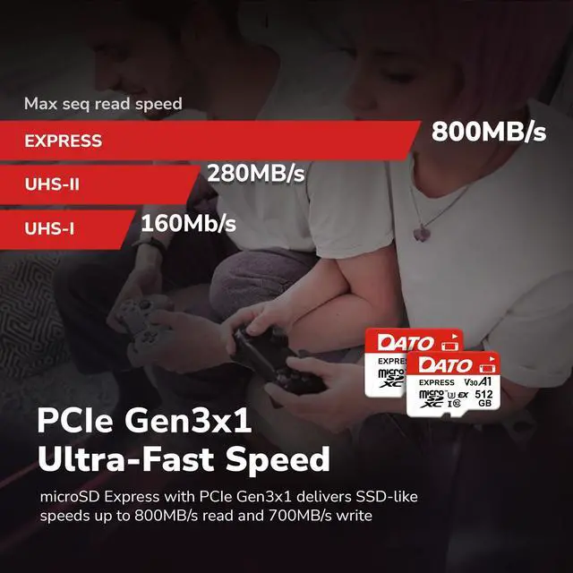 Alt view image 3 of 6 - DATO Express 256GB microSDXCEX Memory Card PCIe Gen3x1 NVMe UHS-I C10 U3 V30 A1 4K8K UHD Up to 800/700 MB/s Compatible with Gen Gaming Consoles Switch 2 Action Cameras Drones 360° Cameras