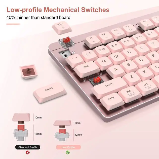 Alt view image 2 of 7 - LeadsaiL FA98 Wireless Mechanical Keyboard and Mouse, 2.4Ghz Cordless Mechanical Keyboard and Silent Mouse, Low-Profile Red Switch, 98-Key Compact Slim 96% Keyboard for Windows/MacOS PC Laptop - Pink