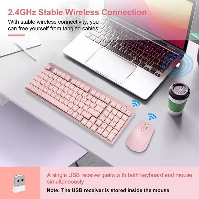 Alt view image 3 of 7 - LeadsaiL FA98 Wireless Mechanical Keyboard and Mouse, 2.4Ghz Cordless Mechanical Keyboard and Silent Mouse, Low-Profile Red Switch, 98-Key Compact Slim 96% Keyboard for Windows/MacOS PC Laptop - Pink