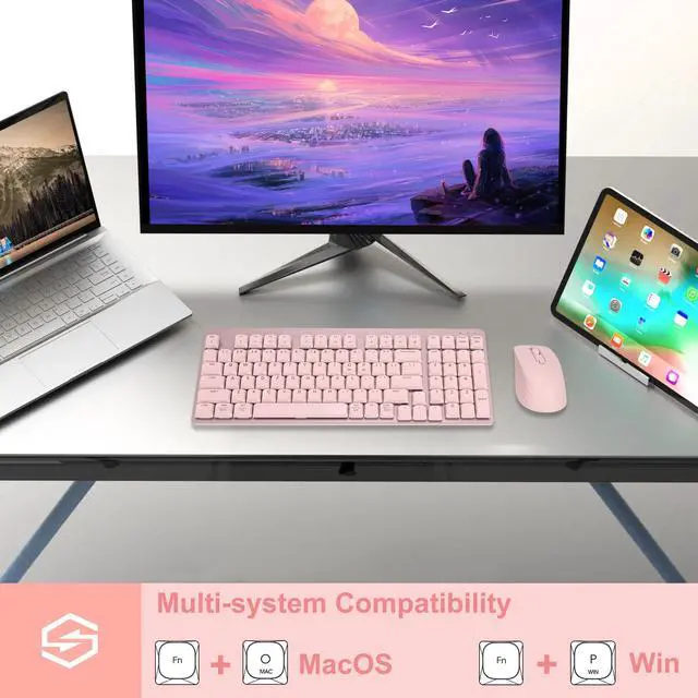 Alt view image 6 of 7 - LeadsaiL FA98 Wireless Mechanical Keyboard and Mouse, 2.4Ghz Cordless Mechanical Keyboard and Silent Mouse, Low-Profile Red Switch, 98-Key Compact Slim 96% Keyboard for Windows/MacOS PC Laptop - Pink