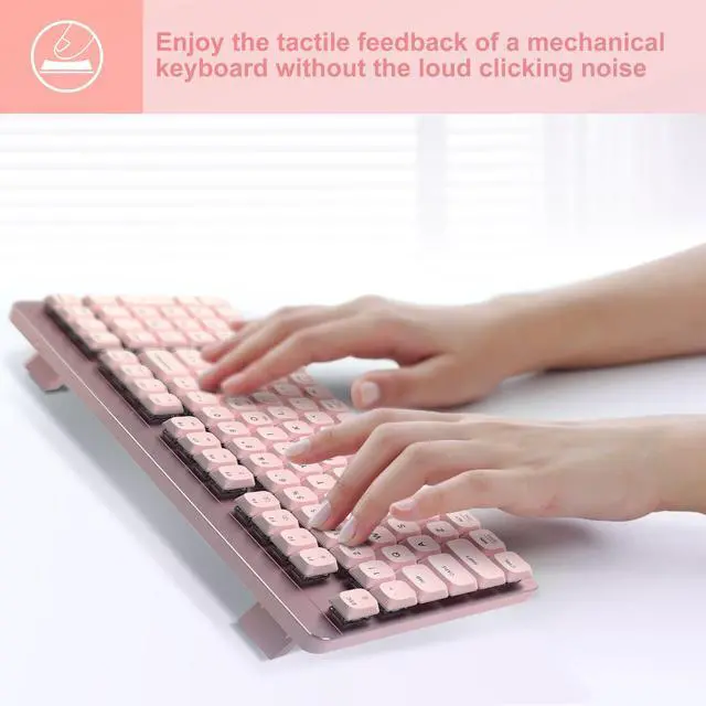 Alt view image 4 of 7 - LeadsaiL FA98 Wireless Mechanical Keyboard and Mouse, 2.4Ghz Cordless Mechanical Keyboard and Silent Mouse, Low-Profile Red Switch, 98-Key Compact Slim 96% Keyboard for Windows/MacOS PC Laptop - Pink
