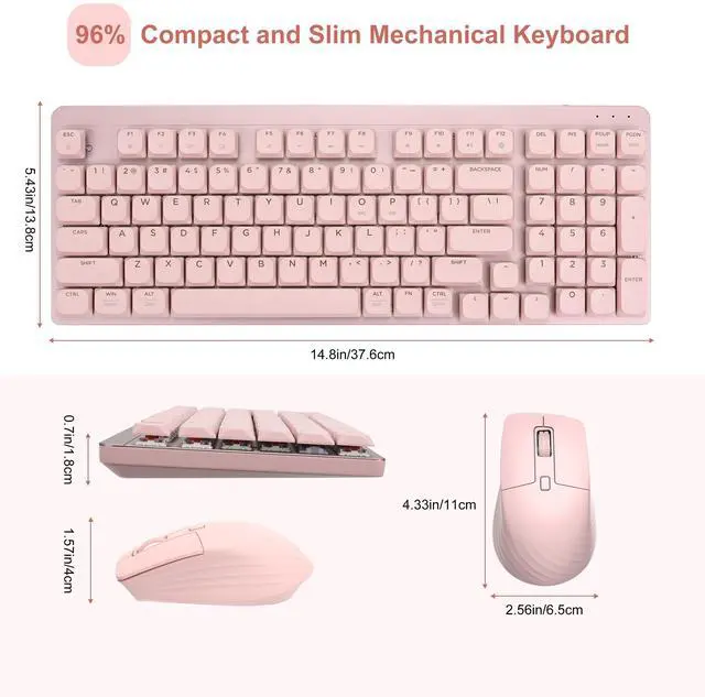 Alt view image 7 of 7 - LeadsaiL FA98 Wireless Mechanical Keyboard and Mouse, 2.4Ghz Cordless Mechanical Keyboard and Silent Mouse, Low-Profile Red Switch, 98-Key Compact Slim 96% Keyboard for Windows/MacOS PC Laptop - Pink