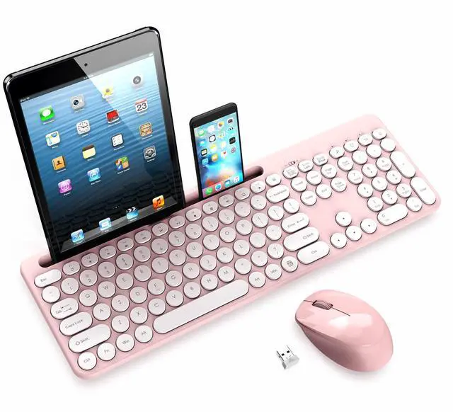Main image of LeadsaiL Pink Wireless Keyboard and Mouse Combo, Full-Sized Ergonomic Computer Keyboard with Phone Tablet Holder, 2.4GHz Silent Cordless Keyboard Mouse Set for Windows Laptop, PC, Desktop