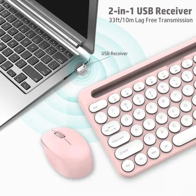 Alt view image 6 of 6 - LeadsaiL Pink Wireless Keyboard and Mouse Combo, Full-Sized Ergonomic Computer Keyboard with Phone Tablet Holder, 2.4GHz Silent Cordless Keyboard Mouse Set for Windows Laptop, PC, Desktop