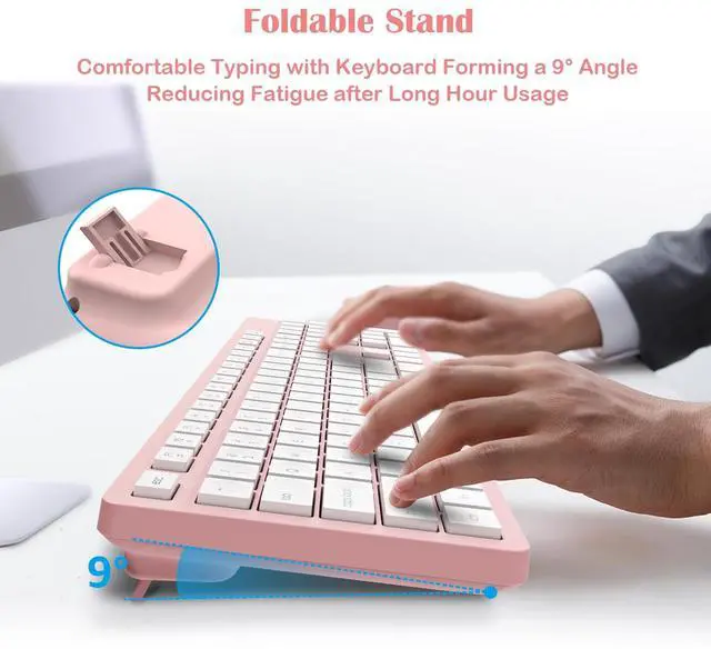 Alt view image 4 of 7 - LeadsaiL Pink Wireless Keyboard and Mouse Combo, Full-Sized Ergonomic Computer Keyboard, 2.4GHz Cordless Keyboard Silent Mouse Set with 2-in-1 USB Receiver, 12 FN Shortcuts for Windows Laptop, PC/Mac