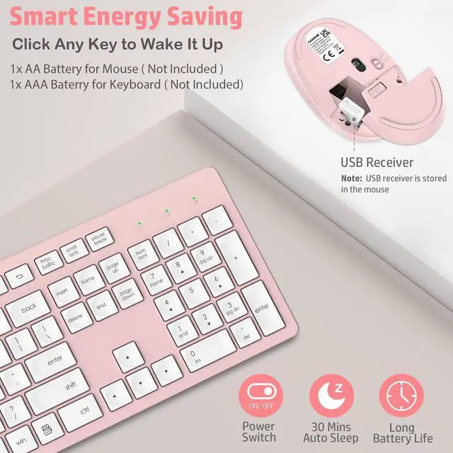 Alt view image 5 of 7 - LeadsaiL Pink Wireless Keyboard and Mouse Combo, Full-Sized Ergonomic Computer Keyboard, 2.4GHz Cordless Keyboard Silent Mouse Set with 2-in-1 USB Receiver, 12 FN Shortcuts for Windows Laptop, PC/Mac