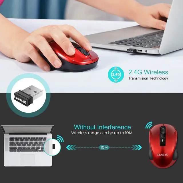 Alt view image 2 of 7 - LeadsaiL Wireless Computer Mouse, 2.4G Portable Slim Cordless Mouse Less Noise for Laptop Optical Mouse with 4 Buttons for Laptop, Desktop, MacBook
