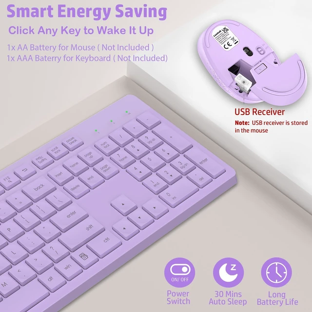 Alt view image 6 of 7 - LeadsaiL Purple Wireless Keyboard and Mouse Combo, Full-Sized Ergonomic Computer Keyboard, 2.4GHz USB Cordless Keyboard Silent Mouse Set, 12 FN Shortcuts for Windows MacOS Laptop Computer