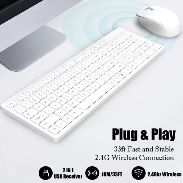 Alt view image 3 of 7 - LeadsaiL White Wireless Keyboard and Mouse Combo, Full-Sized Ergonomic Computer Keyboard, 2.4GHz USB Cordless Keyboard Silent Mouse Set, 12 FN Shortcuts for Windows MacOS Laptop Computer