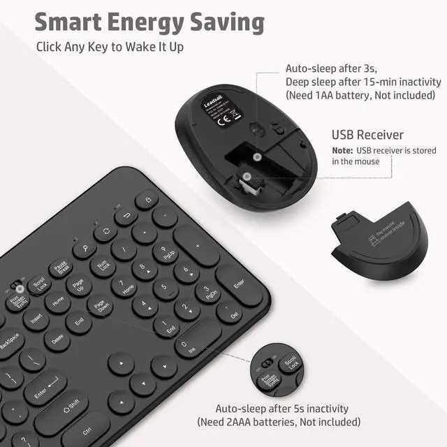 Alt view image 3 of 6 - LeadsaiL Wireless Keyboard and Mouse, Full-Sized Ergonomic Computer Keyboard with Phone Tablet Holder, 2.4GHz Silent Cordless Keyboard Mouse Set for Windows Laptop, PC, Desktop - Black