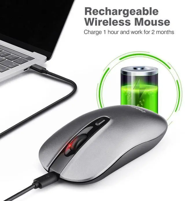 Alt view image 2 of 6 - LeadsaiL Rechargeable Wireless Computer Mouse, 2.4G Portable Slim Cordless Mouse Less Noise for Laptop Optical Mouse with 5 Adjustable DPI Levels USB Mouse for Laptop, Deskbtop, MacBook