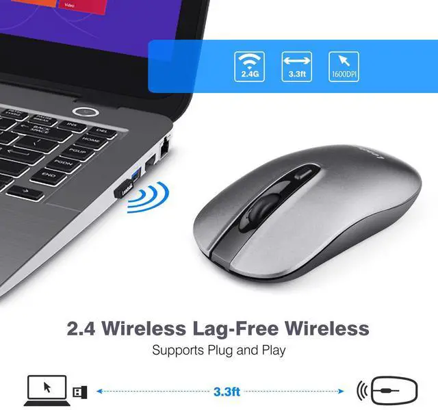 Alt view image 3 of 6 - LeadsaiL Wireless Computer Mouse, 2.4G Portable Slim USB Mouse, Silent Click Cordless Mouse 3 Adjustable Levels, 4 Buttons Laptop Mouse for Windows Mac PC Notebook