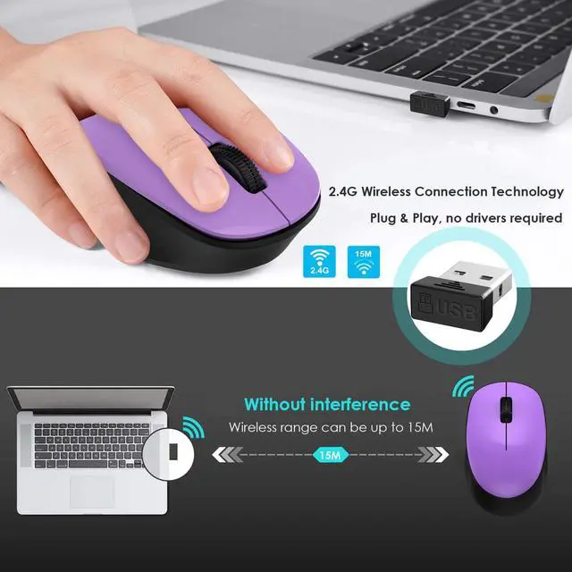Alt view image 3 of 6 - LeadsaiL Wireless Mouse for Laptop, 2.4GHz Silent USB Mouse, Slim Optical Mouse with 3 Buttons, 1600 DPI, Works with Windows, Mac, Chrome OS, Linux - Black and Purple