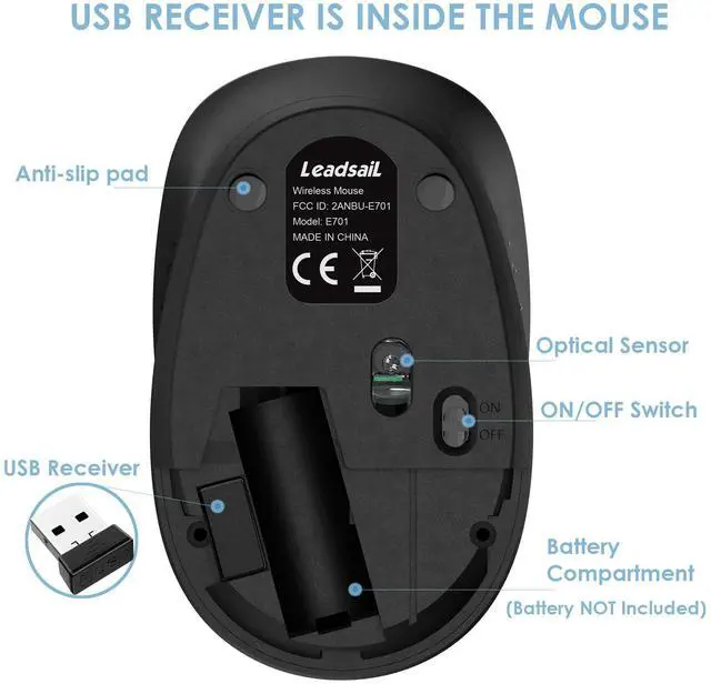 Alt view image 6 of 6 - LeadsaiL Wireless Mouse for Laptop, 2.4GHz Silent USB Mouse, Slim Optical Mouse with 3 Buttons, 1600 DPI, Works with Windows, Mac, Chrome OS, Linux - Black and Purple