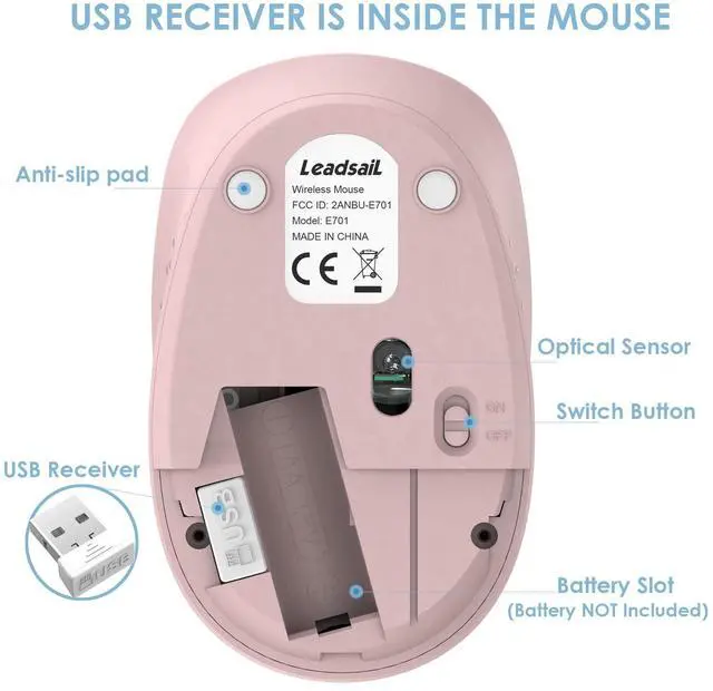 Alt view image 6 of 6 - LeadsaiL Wireless Mouse for Laptop, 2.4GHz Silent USB Mouse, Slim Optical Mouse with 3 Buttons, 1600 DPI, Works with Windows, Mac, Chrome OS, Linux