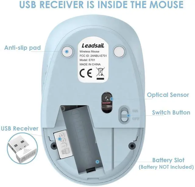 Alt view image 6 of 6 - LeadsaiL Wireless Mouse for Laptop, 2.4GHz Silent USB Mouse, Slim Optical Mouse with 3 Buttons, 1600 DPI, Works with Windows, Mac, Chrome OS, Linux