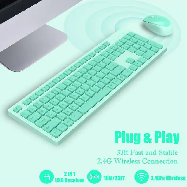Alt view image 2 of 6 - LeadsaiL K786 Wireless Keyboard and Mouse Combo, 2.4GHz Lag-Free Wireless, Full Size Ergonomic Keyboard Silent Mouse for Windows Mac PC Laptop, 12 FN Shortcuts, Long Battery Life - Mint Green