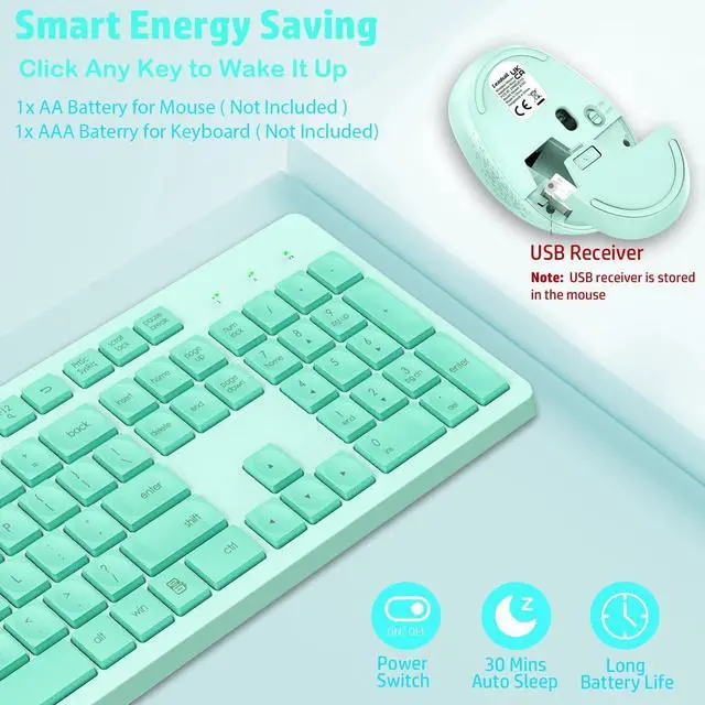 Alt view image 5 of 6 - LeadsaiL K786 Wireless Keyboard and Mouse Combo, 2.4GHz Lag-Free Wireless, Full Size Ergonomic Keyboard Silent Mouse for Windows Mac PC Laptop, 12 FN Shortcuts, Long Battery Life - Mint Green