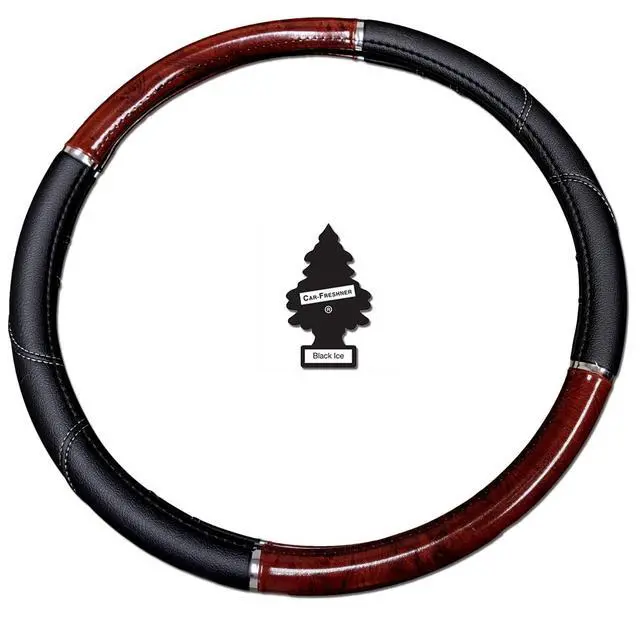 Alt view image 2 of 7 - 18" Large Steering Wheel Cover for Peterbilt Freightliner Big Rig Trucks  Black Dark Wood Grain Soft Leather Grip + Air Freshener Bundle