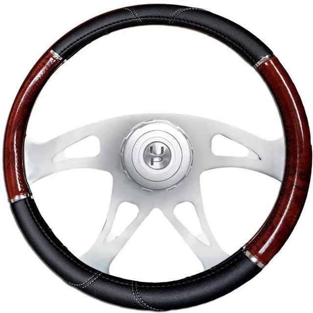 Alt view image 7 of 7 - 18" Large Steering Wheel Cover for Peterbilt Freightliner Big Rig Trucks  Black Dark Wood Grain Soft Leather Grip + Air Freshener Bundle