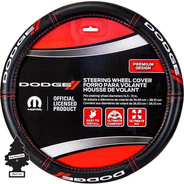 Main image of Plasticolor Dodge Steering Wheel Cover Bundle Set  Premium Deluxe High-Contrast Stitching, Non-Slip Grip, Universal Fit for Cars, Trucks & SUVs