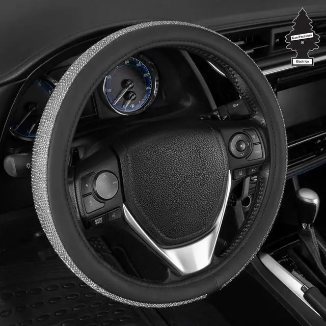 Main image of Bling Silver Glitter Diamond Leather Steering Wheel Cover with 9 Rows Crystal Rhinestones, Fits Wheels 14.5-15 inch for Women/Girls