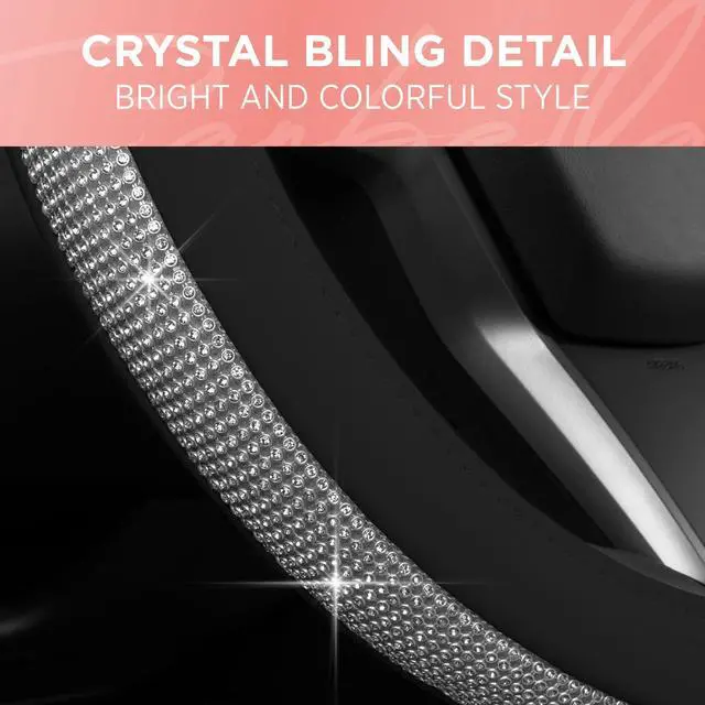 Alt view image 6 of 6 - Bling Silver Glitter Diamond Leather Steering Wheel Cover with 9 Rows Crystal Rhinestones, Fits Wheels 14.5-15 inch for Women/Girls