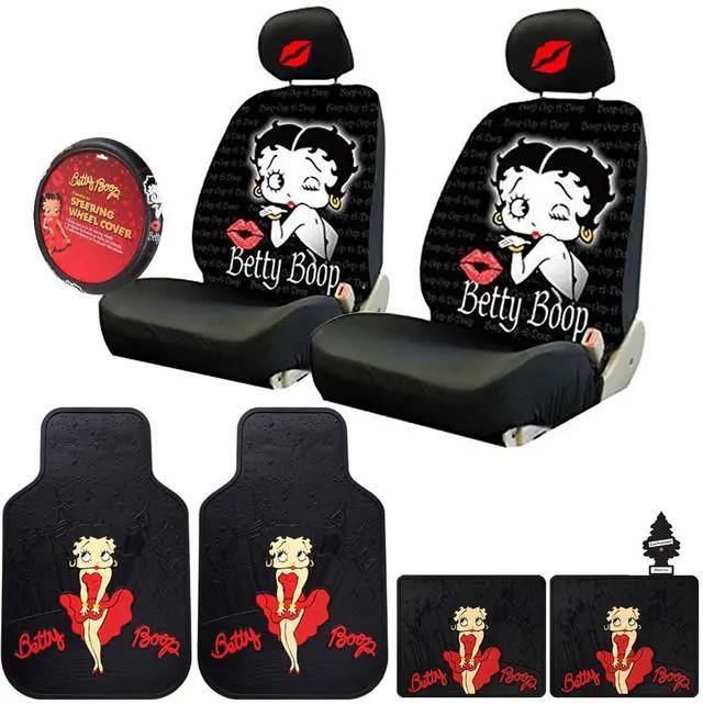 Main image of New Platicolors Betty Boop Car Accessories Set New Seat Covers, Front Rubber Mats, Steering Wheel Cover Hot Lip Headrest Covers Stylish Protection for Cars SUVs Trucks & Vans